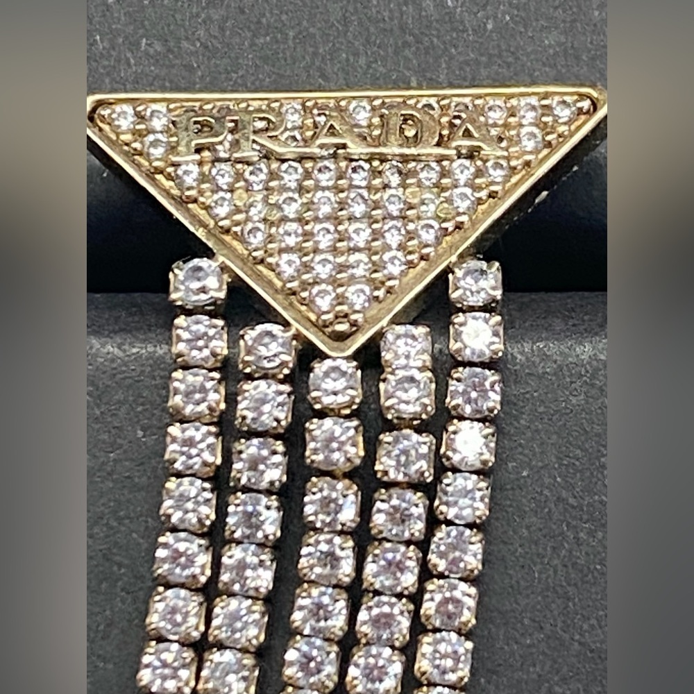 PRADA Gold Triangle Crystal Drop Earrings - Elegant Crystal Fringe.